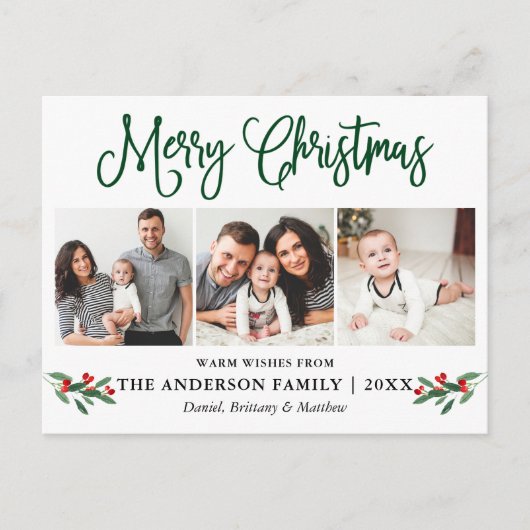 Modern Fun Calligraphy KerstHolly 3 Foto Briefkaart (Voorkant)