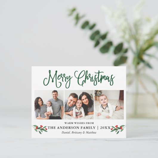 Modern Fun Calligraphy KerstHolly 3 Foto Briefkaart (Staand voorkant)