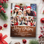 Modern Fun Calligraphy Kersthout 4 Foto Briefkaart<br><div class="desc">Modern Fun Calligraphy Script Merry Kerstmis 4 Photo Holiday Briefkaart - Rustisch country wood</div>