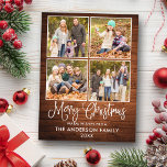 Modern Fun Calligraphy Kersthout 4 Foto Briefkaart<br><div class="desc">Modern Fun Calligraphy Script Merry Kerstmis 4 Photo Holiday Briefkaart - Rustisch country wood</div>
