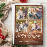 Modern Fun Calligraphy Kersthout 4 Foto's Feestdagenkaart<br><div class="desc">Modern Fun Calligraphy Script Merry Kerstmis 4 Photo Holiday Card - Rustisch landhout</div>