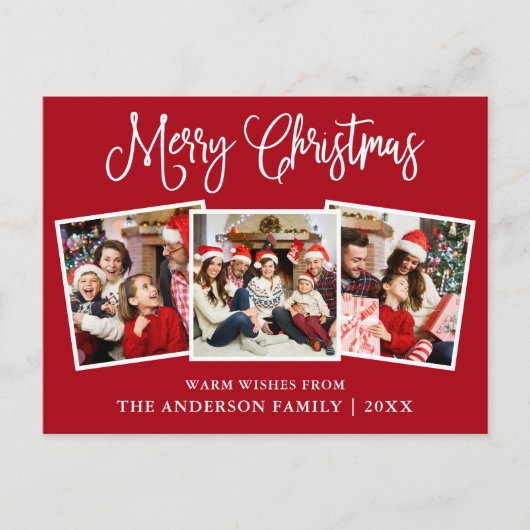 Modern Fun Calligraphy Kerstmis 3 Photos Red Briefkaart (Voorkant)