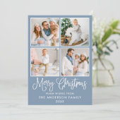 Modern Fun Calligraphy Kerstmis 4 Photos Blue Feestdagenkaart (Staand voorkant)
