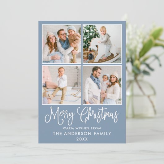 Modern Fun Calligraphy Kerstmis 4 Photos Blue Feestdagenkaart (Staand voorkant)