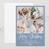 Modern Fun Calligraphy Kerstmis 4 Photos Blue Feestdagenkaart (Voorkant / Achterkant)