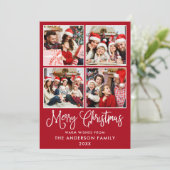 Modern Fun Calligraphy Kerstmis 4 Photos Red Feestdagenkaart (Staand voorkant)
