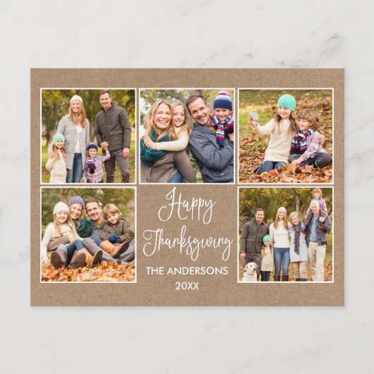 Modern Fun Calligraphy Kraft 5 Photo Thanksgiving Briefkaart (Voorkant)