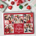 Modern Fun Calligraphy Red 5 Feestdagenkaart<br><div class="desc">Modern Fun Calligraphy Script Merry Kerstmis 5 Photo Collage Holiday Card - Red Background</div>