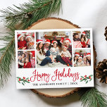 Modern Fun Calligraphy Red Holly 5 Photo Holiday Briefkaart<br><div class="desc">Modern Fun Calligraphy Script 5 Photo Family Collage Prettige feestdagen Briefkaart omvat Waterverf Kerstkleerbedekking - Rood script</div>