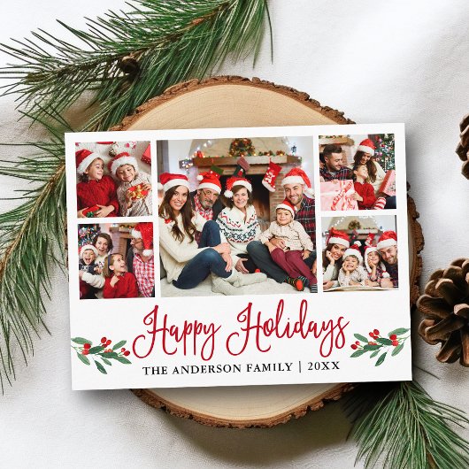 Modern Fun Calligraphy Red Holly 5 Photo Holiday Briefkaart