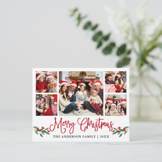 Modern Fun Calligraphy Red KerstHolly 5 Foto Briefkaart (Staand voorkant)