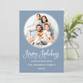 Modern Fun Calligraphy Round Photo Lijst Blue Feestdagenkaart (Staand voorkant)