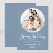 Modern Fun Calligraphy Round Photo Lijst Blue Feestdagenkaart (Voorkant / Achterkant)