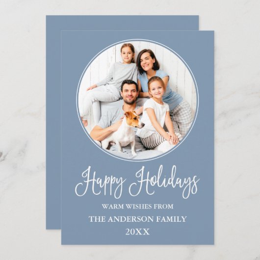 Modern Fun Calligraphy Round Photo Lijst Blue Feestdagenkaart (Voorkant / Achterkant)