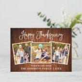 Modern Fun Calligraphy Thanksgiving Wood 3 Foto Feestdagenkaart (Staand voorkant)
