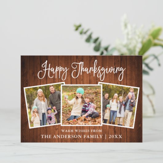 Modern Fun Calligraphy Thanksgiving Wood 3 Foto Feestdagenkaart (Staand voorkant)