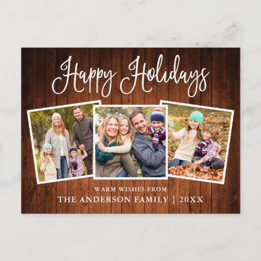 Modern Fun Calligraphy Wood 3 Photo Holiday Briefkaart (Voorkant)