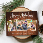 Modern Fun Calligraphy Wood 3 Photo Holiday Briefkaart<br><div class="desc">Modern Fun Calligraphy Script Prettige feestdagen Family 3 Foto Briefkaart - Rustisch landhout</div>