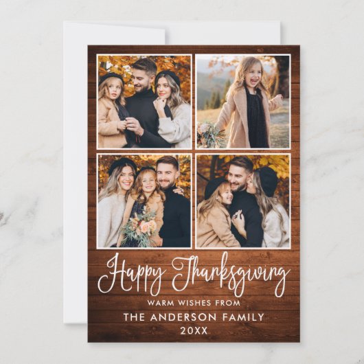 Modern Fun Calligraphy Wood 4 Foto Thanksgiving Feestdagenkaart (Voorkant)