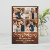 Modern Fun Calligraphy Wood 4 Foto Thanksgiving Feestdagenkaart (Staand voorkant)