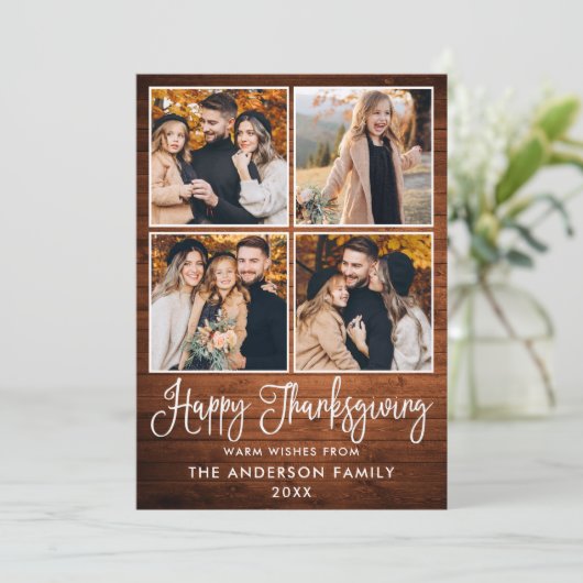 Modern Fun Calligraphy Wood 4 Foto Thanksgiving Feestdagenkaart (Staand voorkant)