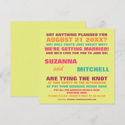 Modern Fun Colorful Wedding Invitation Kaart (Voorkant / Achterkant)