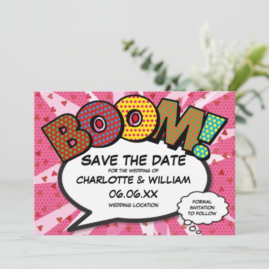 Modern Fun Comic Book BOOM Pink Love Hearts Save The Date (Staand voorkant)