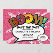Modern Fun Comic Book BOOM Pink Love Hearts Save The Date (Voorkant / Achterkant)