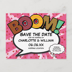 Modern Fun Comic Book BOOM Pink Save the Date Briefkaart