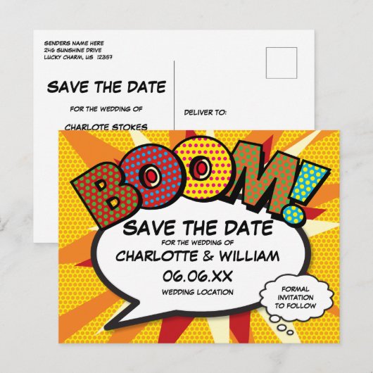 Modern Fun Comic Book BOOM Save the Date Briefkaart (Voorkant / Achterkant)