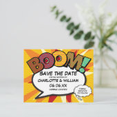 Modern Fun Comic Book BOOM Save the Date Briefkaart (Staand voorkant)