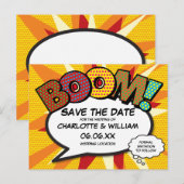 Modern Fun Comic Book BOOM Save the Date Briefkaart (Voorkant / Achterkant)