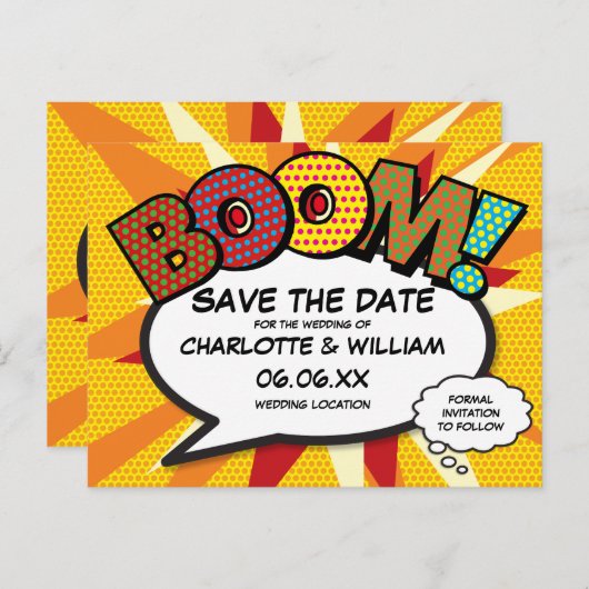 Modern Fun Comic Book BOOM Save the Date Briefkaart (Voorkant / Achterkant)