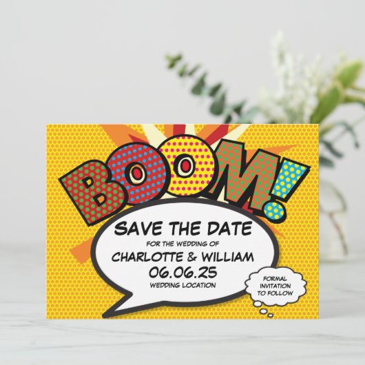 Modern Fun Comic Book Bruiloft Save The Date (Staand voorkant)