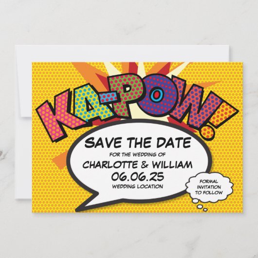 Modern Fun Comic Book Kapow Bruiloft Save The Date (Voorkant)