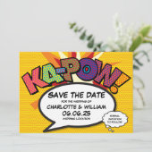 Modern Fun Comic Book Kapow Bruiloft Save The Date (Staand voorkant)