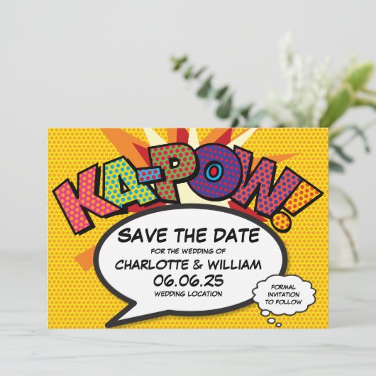 Modern Fun Comic Book Kapow Bruiloft Save The Date (Staand voorkant)
