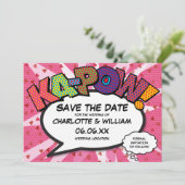 Modern Fun Comic Book KAPOW Pink Love Hearts Save The Date (Staand voorkant)