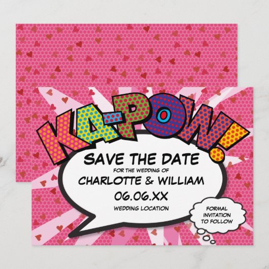 Modern Fun Comic Book KAPOW Pink Love Hearts Save The Date (Voorkant / Achterkant)