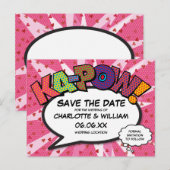 Modern Fun Comic Book KAPOW Pink Save the Date Briefkaart (Voorkant / Achterkant)