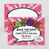 Modern Fun Comic Book KAPOW Roze Save the Date Briefkaart (Voorkant / Achterkant)