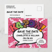 Modern Fun Comic Book KAPOW Roze Save the Date Briefkaart (Voorkant / Achterkant)