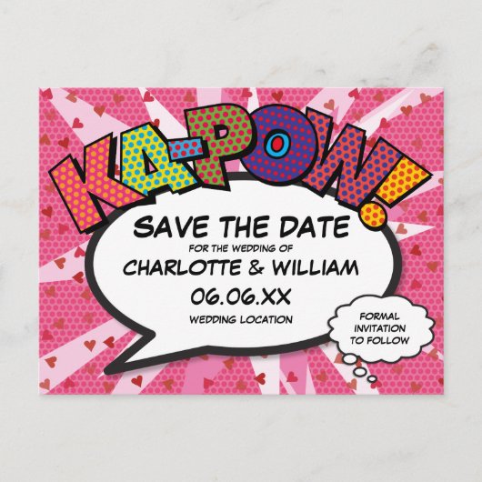 Modern Fun Comic Book KAPOW Roze Save the Date Briefkaart (Voorkant)