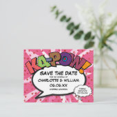 Modern Fun Comic Book KAPOW Roze Save the Date Briefkaart (Staand voorkant)
