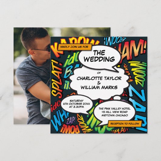 Modern Fun Comic Book Photo Square Weddenschap Kaart (Voorkant / Achterkant)