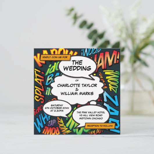 Modern Fun Comic Book Photo Square Weddenschap Kaart (Staand voorkant)