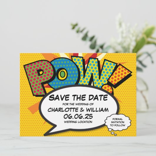 Modern Fun Comic Book Pow Bruiloft Save The Date (Staand voorkant)