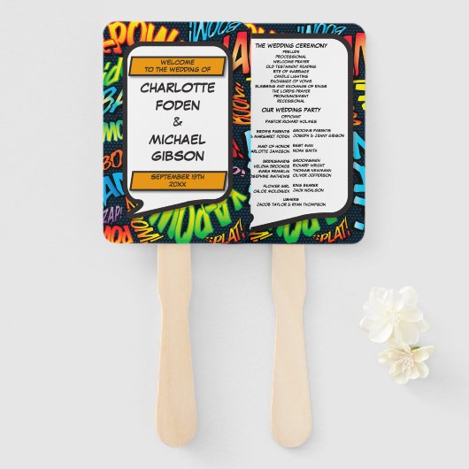 Modern Fun Comic Book Wedding Programme Handwaaier (Voorkant en achterkant)