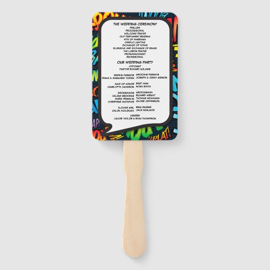 Modern Fun Comic Book Wedding Programme Handwaaier (Achterkant)
