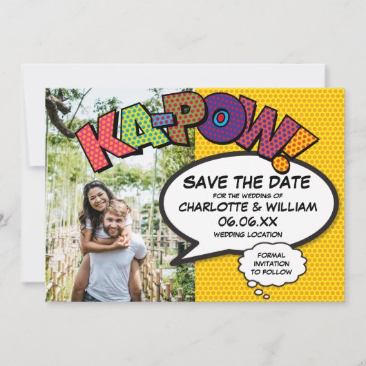 Modern Fun Comic KAPOW-foto Save The Date (Voorkant)